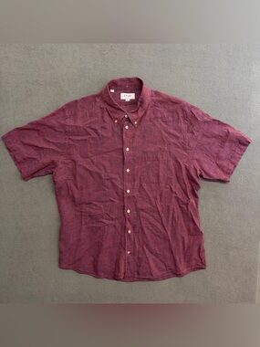 Eton Shirt 18 46 Slim Men's Short Sleeve Button Up 100% Linen Red Preppy